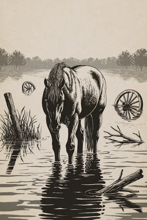 Da0klfe, Black And White Woodcut-style Illustration, A Horse...