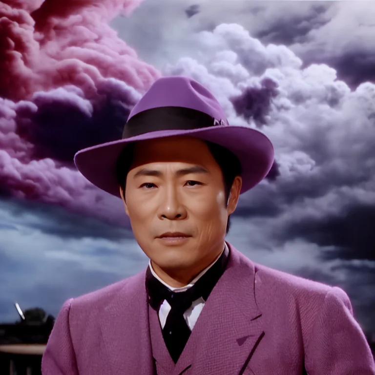 A Japanese Man Wearing A Purple Suit And A Black Hat, With A...