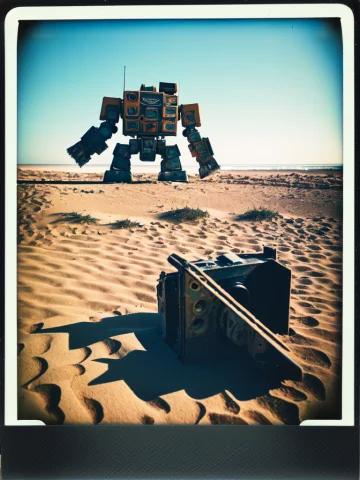 Polaroid, Full Frame, Ancient Giant Robot Wreckage, Half Des... — Stable Diffusion AI Prompt: (polaroid), full frame, (ancient giant robot wreckage), half destroyed, half bur...