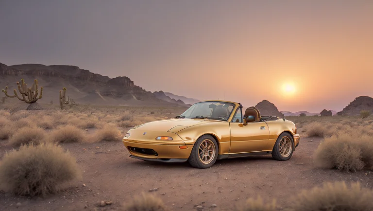 Side View Photo Of Gold Mazdamiata In A Desert At Sunrise, C...