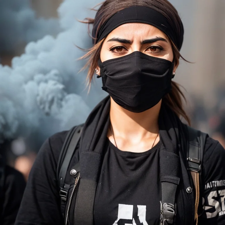 Defiance512 A Woman Protestor Wearing A Black Bandana Over H...