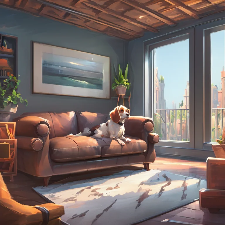 A Beagle Sitting On A Leather Sofa In An Upscale Highrise Co...