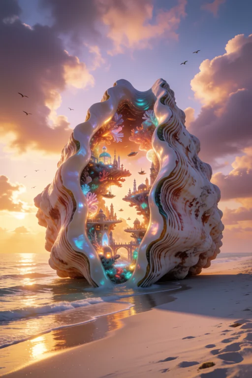 A Monumental Giant Clam Shell Resting Vertically On A Pristi...