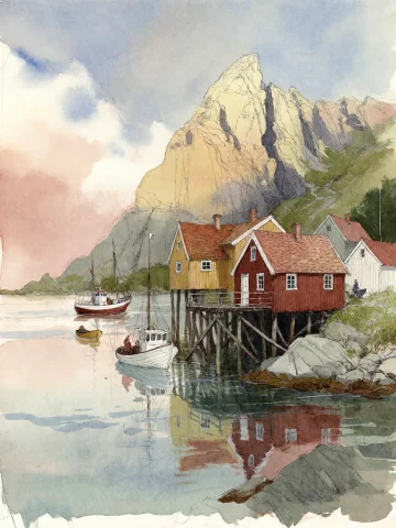Bradhamel Art Style. A Serene Coastal Village Nestled At The... — Stable Diffusion AI Prompt: Bradhamel art style. A serene coastal village nestled at the base of a rugged, s...