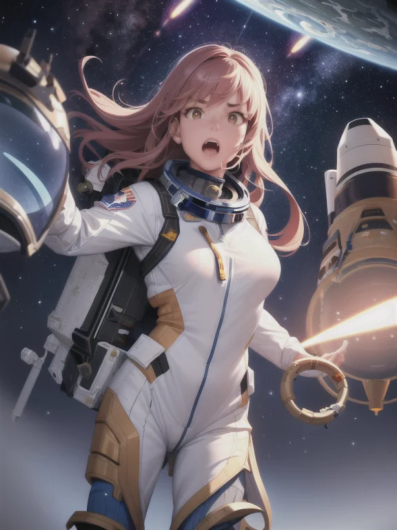 A Female Astronaut Screaming In Fear In A Nasa Space Suit Wi...