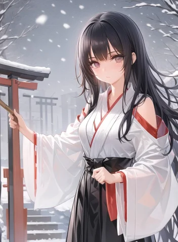 1girl,miko, Black Hair, Torii, Outdoors, Day,snowing, Holdin... — Stable Diffusion AI Prompt: 1girl,miko, black hair, torii, outdoors, day,snowing, holding broom, eyelashes,...