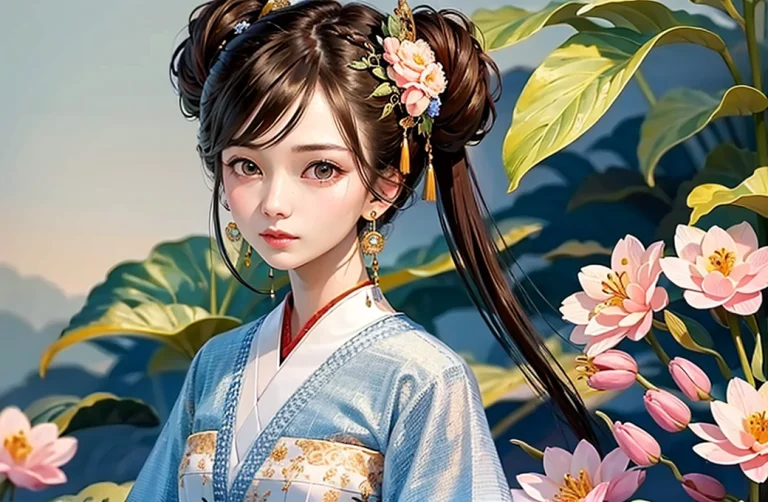 1girl, Blackhair, Blueeyes, Branch, Camellia, Chineseclothes...