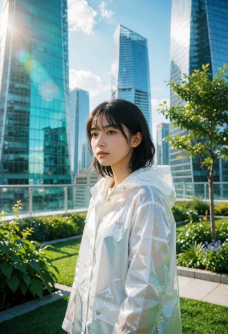 Frutiger Aero, A Young Woman In A Glossy White Raincoat Stan... — Stable Diffusion AI Prompt: frutiger aero, a young woman in a glossy white raincoat standing in a rooftop ga...