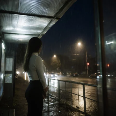 A Cinematic Shot Of A Woman Standing Under The Roof Of A Lit... — Stable Diffusion AI Prompt: A cinematic shot of a woman standing under the roof of a lit bus stop on a night...