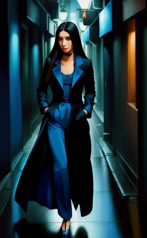 Loratdlp0.6 Painting Of A Woman With Long Brunette Hair Wear... — Stable Diffusion AI Prompt: painting of a woman with long brunette hair wearing a long blue-black satin coa...