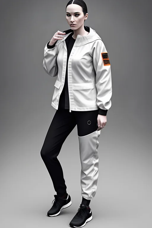Model Shoot, A Portrait Of A Woman,white And Orange Techwear...