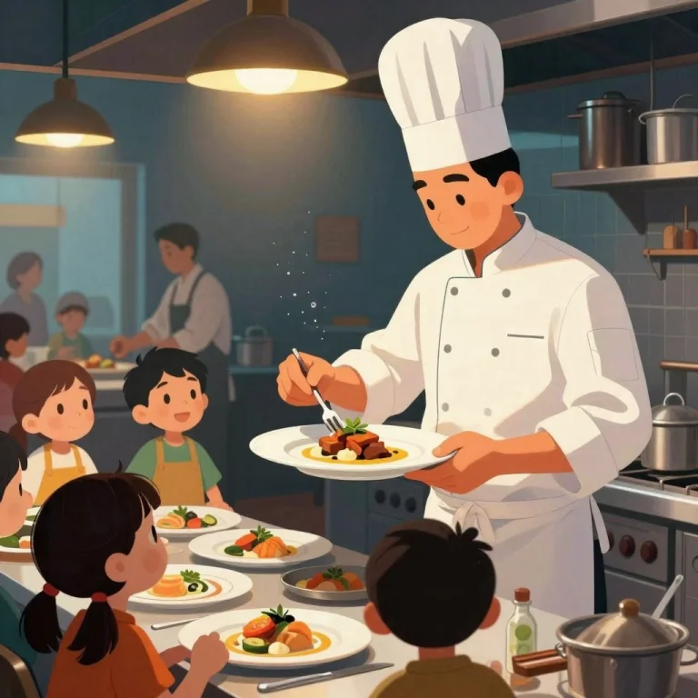 A Chef Plating A Dish In A Busy Kitchen, Childrens Book Illu...