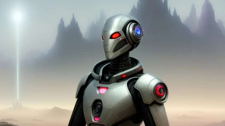 Cinematic Bust Portrait Of Psychedelic Robot From Left, Head...
