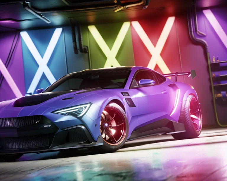 3d Render Of A Vibrant Cyberpunk Car In A Garage, Disney Pix...
