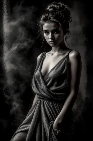 Black And White Portrait Of A Young Woman She Is Standing In... — SDXL AI Prompt: black and white portrait of a young woman she is standing in front of a dark bac...
