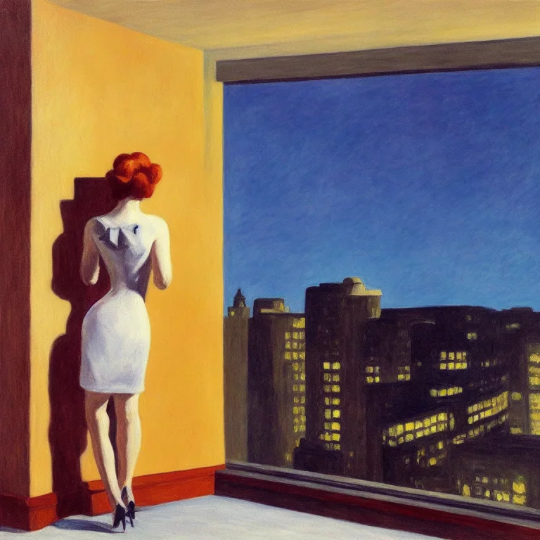 A Painting Of A Woman In A Dress Staring Out A Penthouse Win...