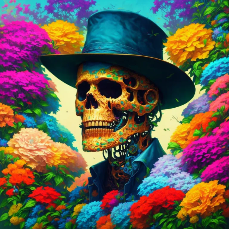A Man With A Skeleton Mask, Colorful, Vibrant, Floral, Flowe...