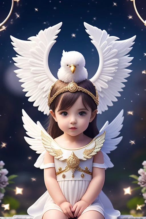 Little Cute Angel With Feathered Wings Looking To The Night...