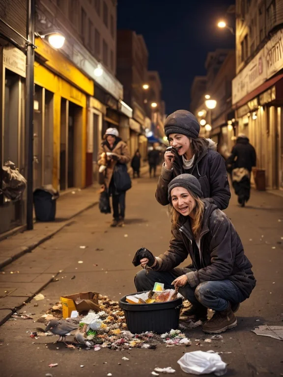 Happy Drunk Homeless Woman Eating Rat, Weared Dirty Business...