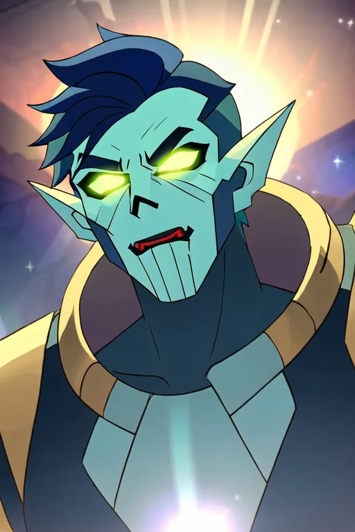 A Demon With Blue Hair And Green Eyes, Wearing Armor And A B...