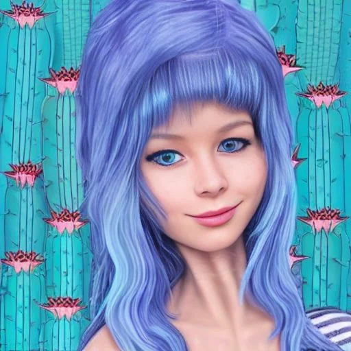 Pretty Blue-haired Woman In A Field Of Cacti At Night Beneat...
