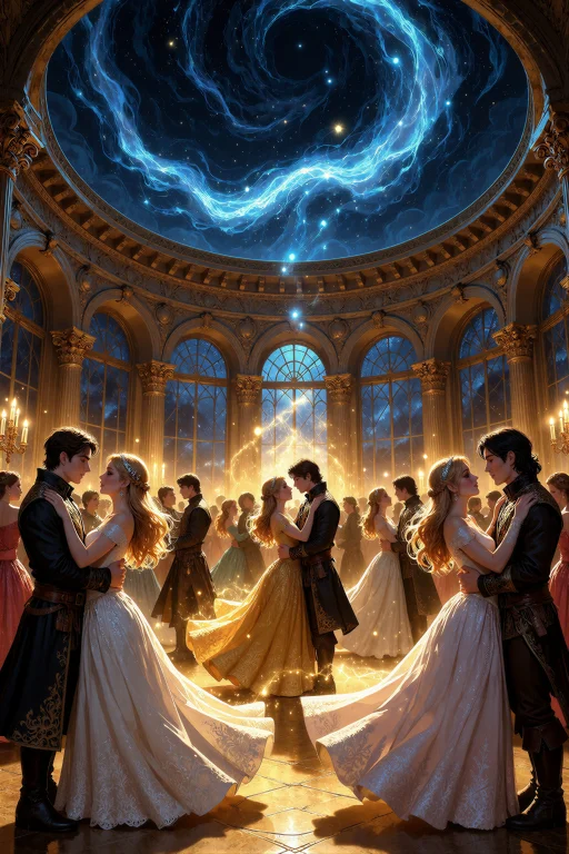 An Illustration Of A Grand Masked Gathering Beneath A Swirli...