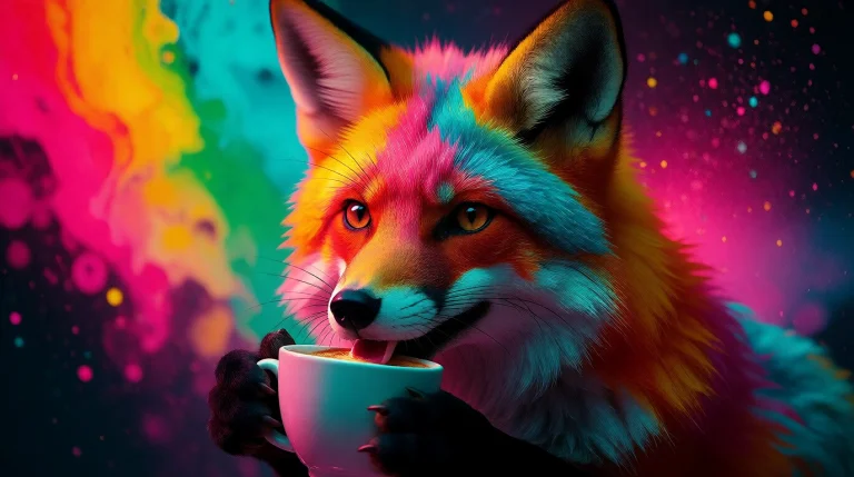 Create Image Fox Drinking Coffee, Rainbow Dust Background