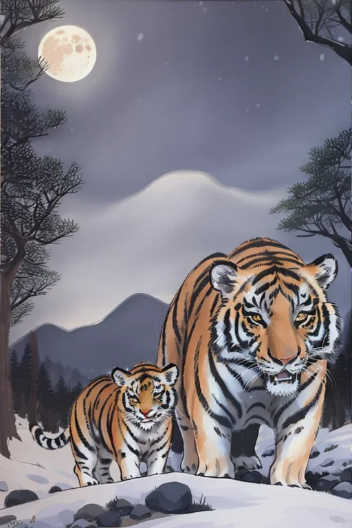 Shuimobysim,mountain,night,snow,moon,pine Tree,tiger,bonian,...