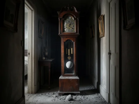 16. Cosmic Domesticity, A Classic Mahogany Grandfather Clock... — Stable Diffusion AI Prompt: 16. cosmic domesticity, a classic mahogany grandfather clock standing in a dim h...
