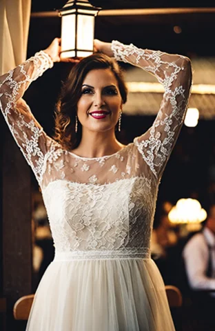 Closeup Portrait Of A Woman Wearing A Lace Dress, In A Resta... — Stable Diffusion AI Prompt: closeup portrait of a woman wearing a lace dress, in a restaurant, outdoor light...