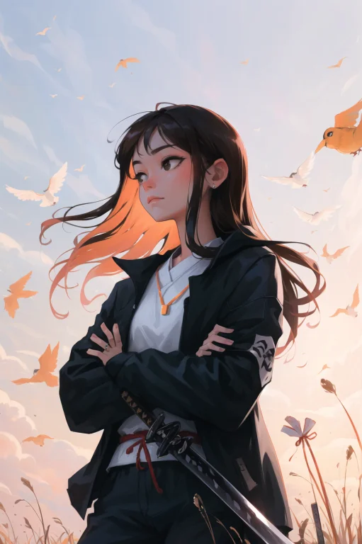 Sam Yang, 1girl, Backlighting, Bird, Black Eyes, Black Jacke...