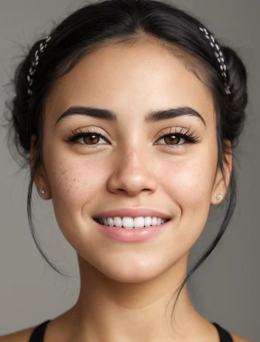 A Closeup Portrait, Photo Of A Smiling0.6 Girl, Latina1.3, F... — Stable Diffusion AI Prompt: a closeup portrait, photo of a (smiling:0.6) girl, (latina:1.3), (freckles:0.7),...