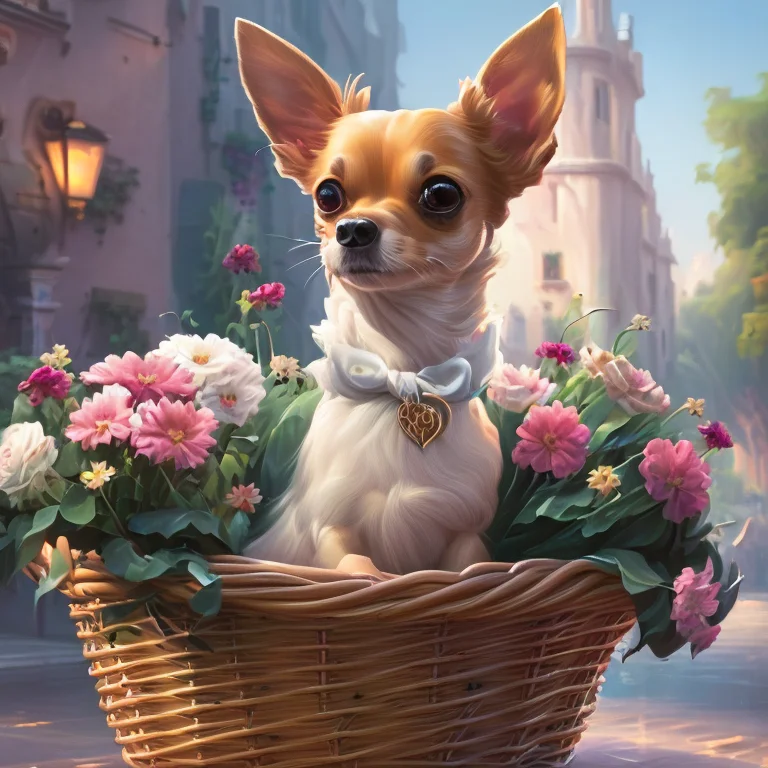 A Chihuahua In A Wicker Basket Of Flowers With A Heart On Th...