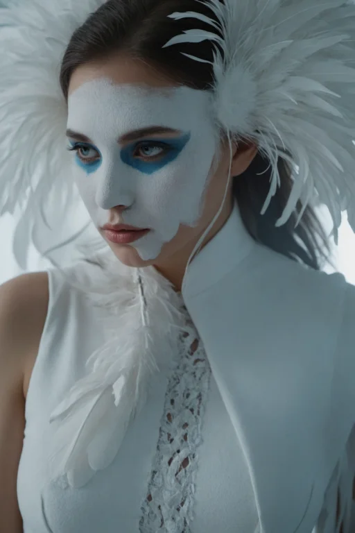 With A White Dress With White Feathers On Her Face,loravalyr...