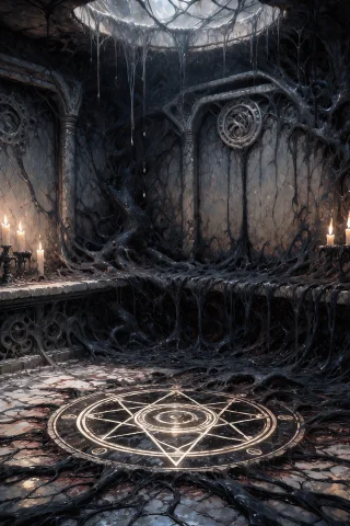 A Dark Ritual Chamber, Anime Style Illustration, Walls Cover... — Stable Diffusion AI Prompt: A dark ritual chamber, anime style illustration, walls covered in cracked stone...