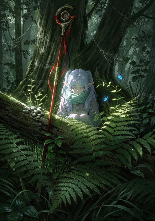 A Small Elf Girl Sits Curled In Deep Forest Undergrowth With...