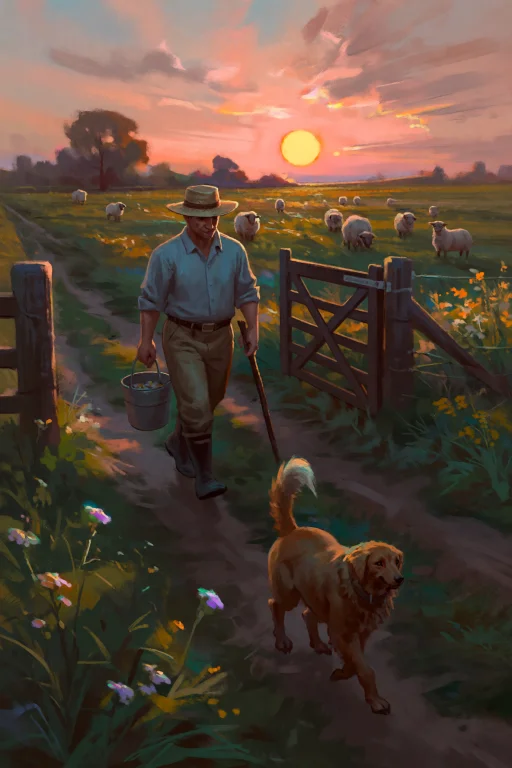 A Farmer Walks Along A Dirt Path At Sunset, A Sheepdog Trott...