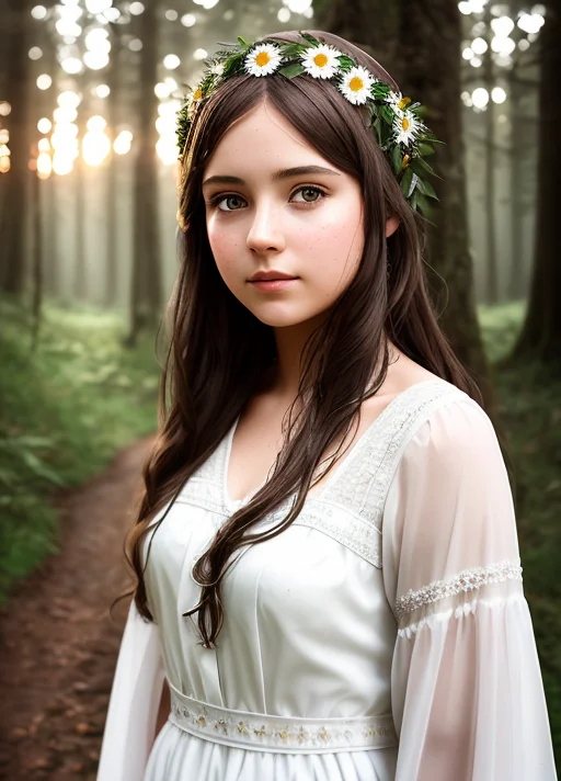A Portrait Of A Girl In A Wet White Dress, Shiny Brown Hair,...