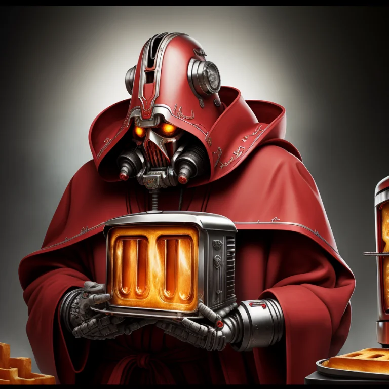 Best Quality, Tech Priest Holding Toaster, Red Robes, Kitche...