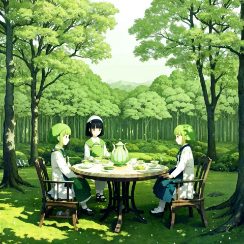 Girl Having A Tea Party In The Forest, By Chiho Aoshima — Stable Diffusion AI Prompt: girl having a tea party in the forest, by chiho aoshima
