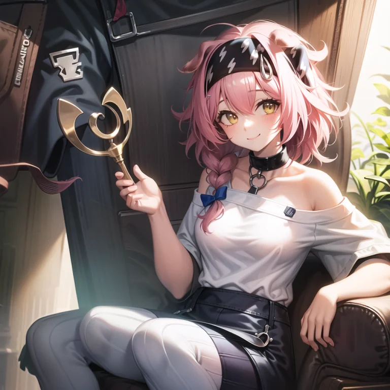 1girl,headband, Sitting,jeans,sitting,chair,cowboy Shot,smil...