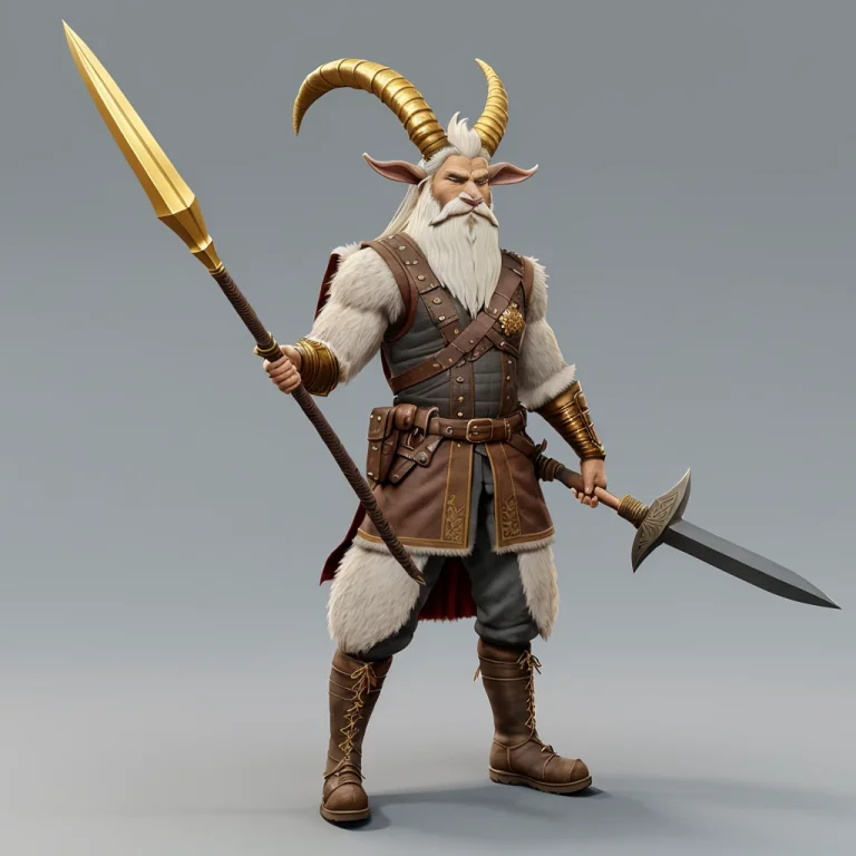 Full Body Concept Of Old Goat Warrior 3d Character, Very Det...