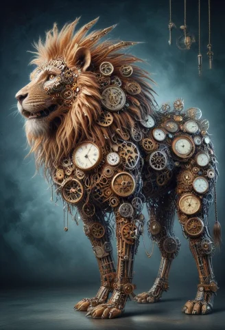 A Roaring Lion Made Of Steampunk Clockwork, Mane Formed From... — SDXL AI Prompt: A roaring lion made of steampunk clockwork, mane formed from overlapping brass c...