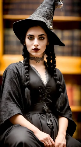 Tiktok Photography Medieval Witch And Her Cat, Black-grey Op... — Stable Diffusion AI Prompt: tiktok photography medieval witch and her cat, black-grey open robes, (small hat...