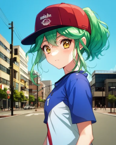 1girl, Rin, Green Hair, Short Hair, Yellow Eyes, Baseball Ca... — Stable Diffusion AI Prompt: 1girl, rin, green hair, short hair, yellow eyes, baseball cap, ponytail, outdoor...