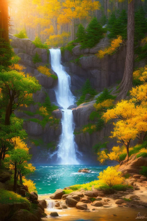 A Beautiful Waterfall In The Mountains, Spring, Warm, Cinema...