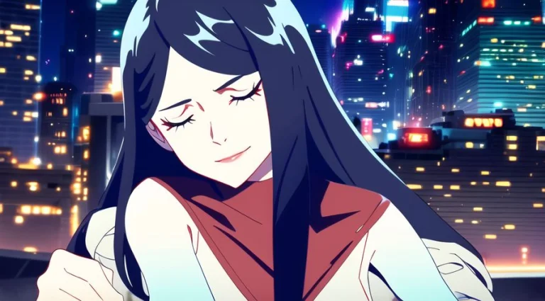 Woman With Black Long Hair, Cyberpunk City Background, Close...