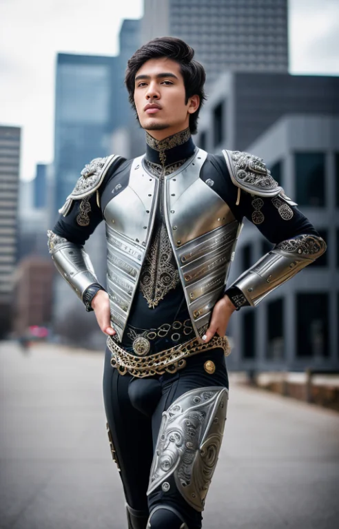 25 Y.o Man Made Out Of Metal In Black Suit, Middle Haircut,...