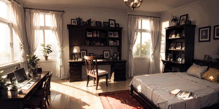 Bedroom,canopy Bed, Window, Curtains, Dappled Sunlight, Pott...