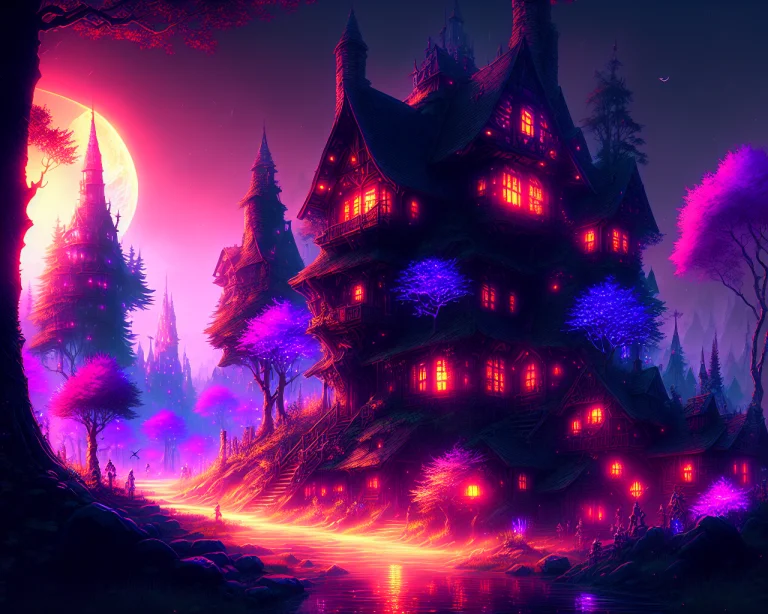 A Fantasy Village, Medieval, Forest, Night, By Eonn
